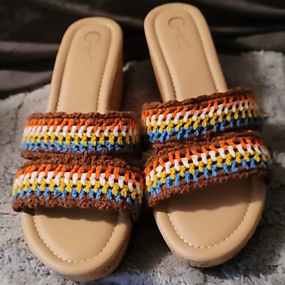 Comfort EST.1946 Crochet Cork Wedge Teal/Brown/Orange/White Cushion Sole Size 11